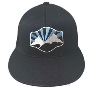 210 Fitted Baseball Cap Hat Black Blue Mountain Logo Embroidered Flat Brim 7 1/4